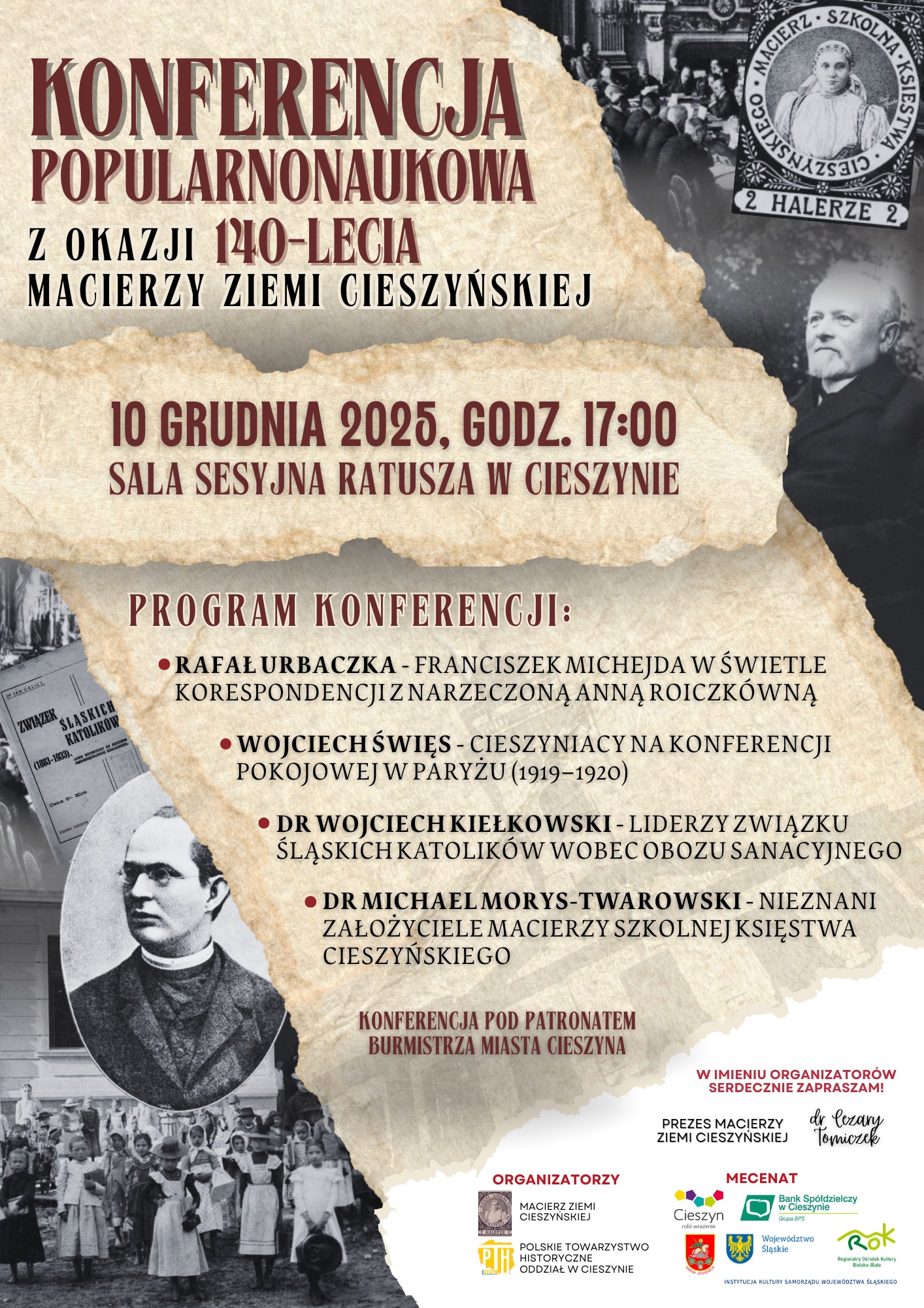 Plakat konferencji popularnonaukowej z okazji 140-lecia Macierzy Ziemi Cieszyńskiej